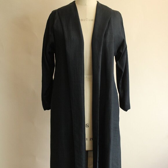 Vintage 1960s Swing Coat with Pockets, Cates Blue Black Silk Jacket, White Linin - Picture 2 of 10